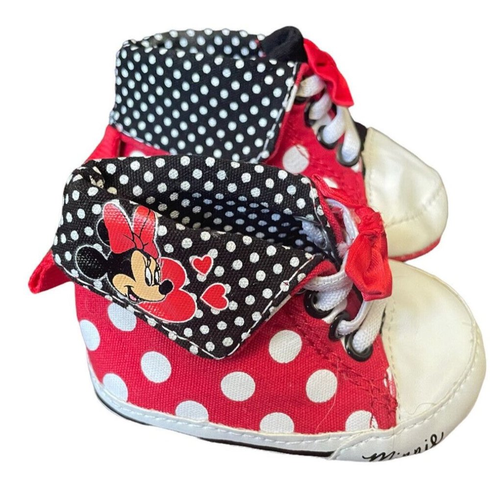 Disney Minnie Mouse Crib Shoe Soft Red Black Polka Dot Heart Bow High Top 1 0-6